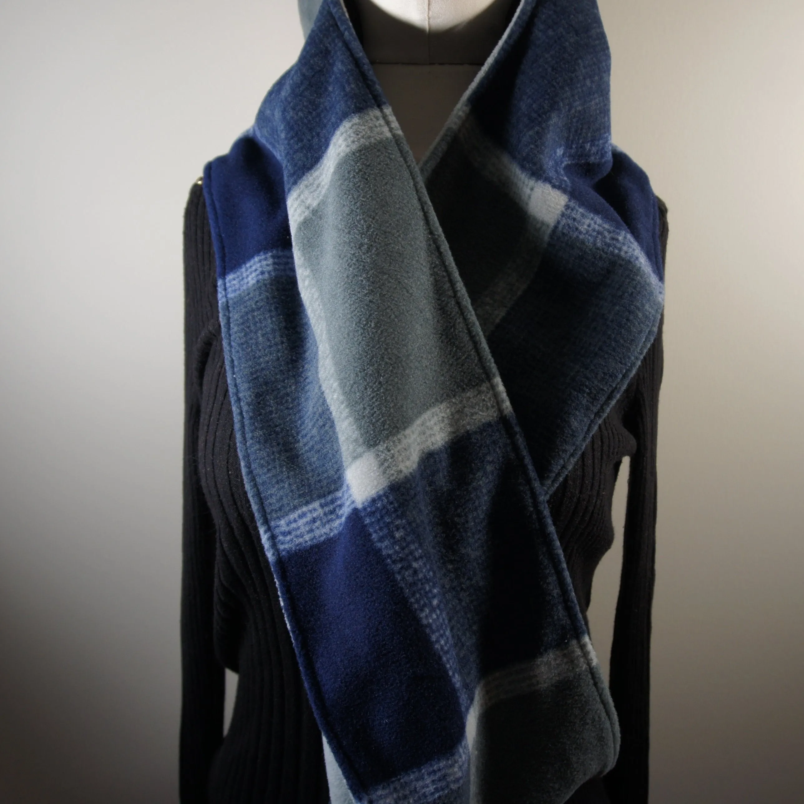 Accessories - Scarves - Hooded Wrap Scarf - Navy Plaid and Solid Heather