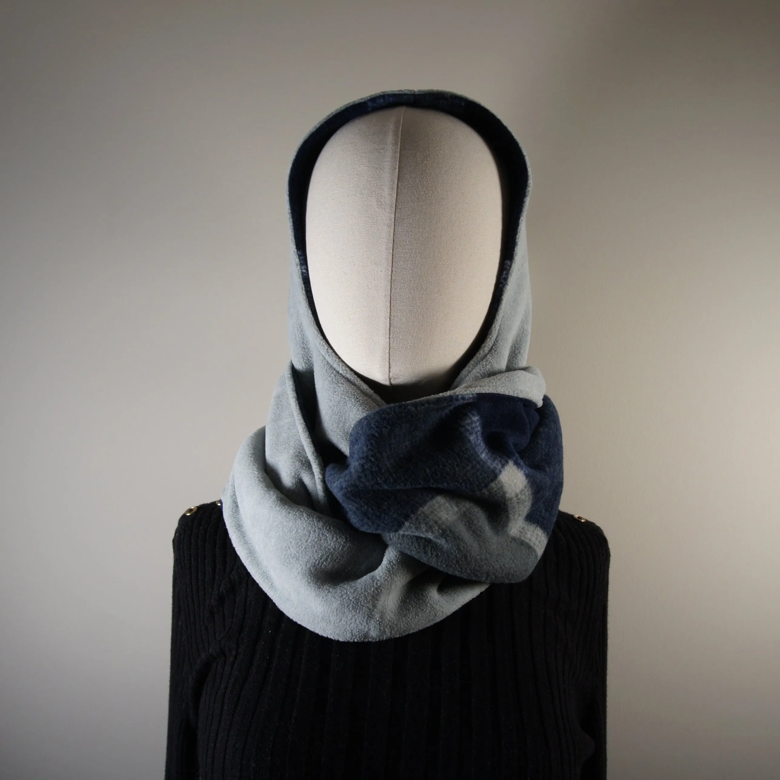 Accessories - Scarves - Hooded Wrap Scarf - Navy Plaid and Solid Heather