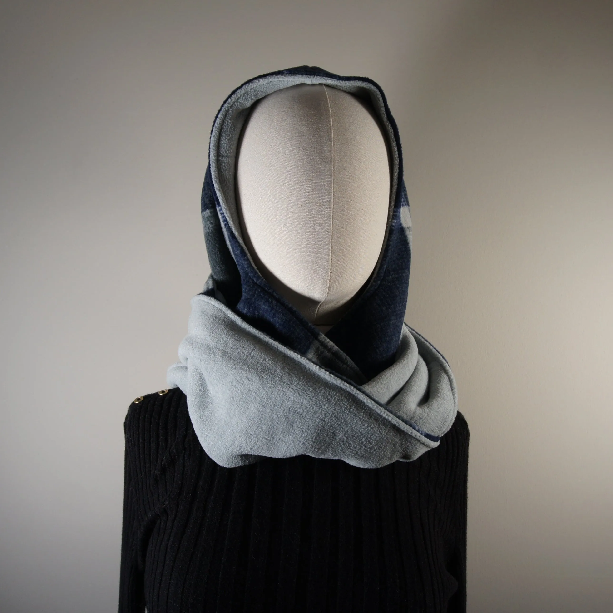 Accessories - Scarves - Hooded Wrap Scarf - Navy Plaid and Solid Heather