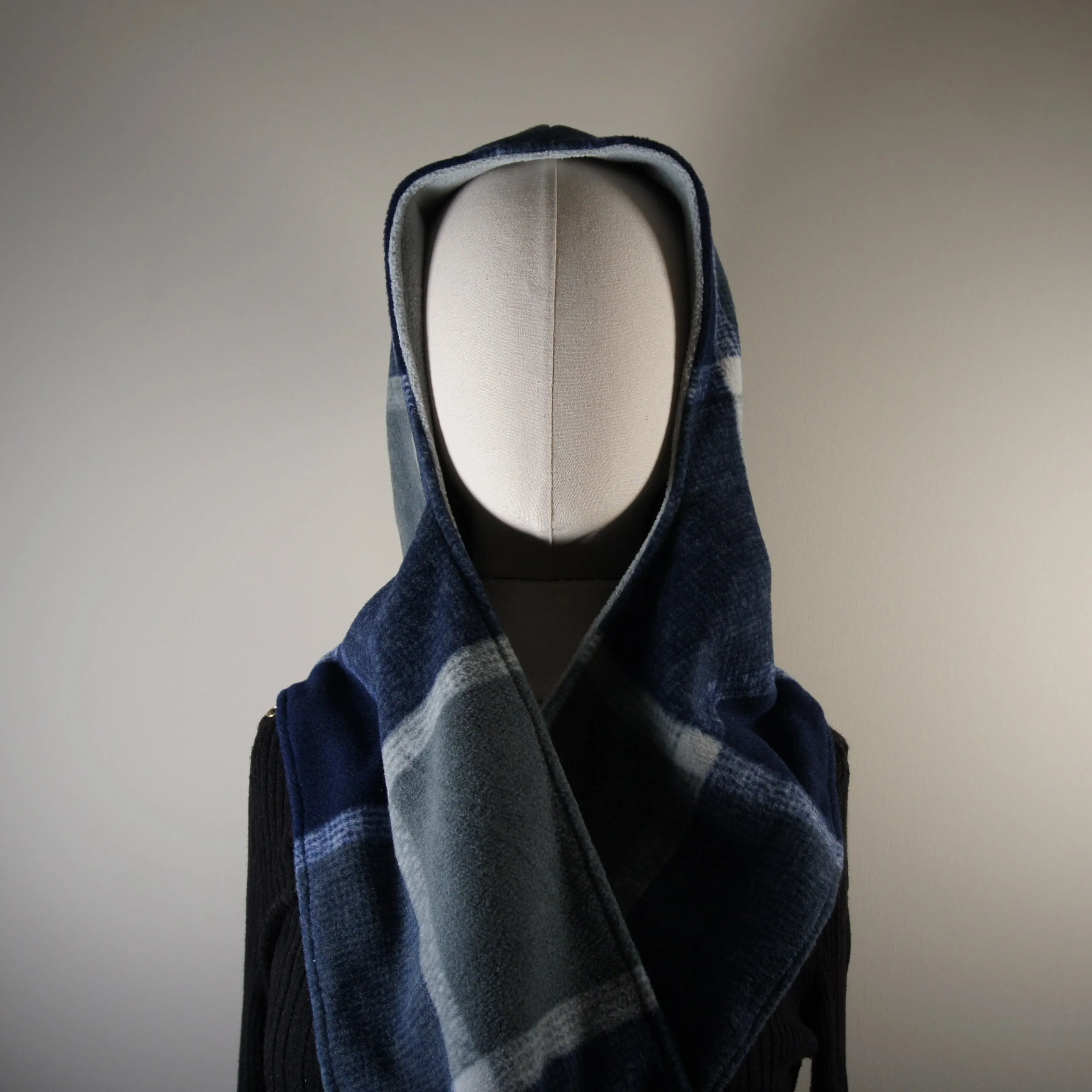 Accessories - Scarves - Hooded Wrap Scarf - Navy Plaid and Solid Heather
