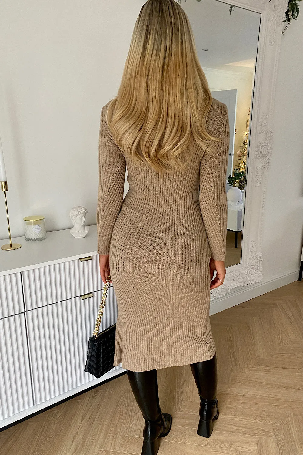 Beige Cut Out Knitted Split Midi Dress