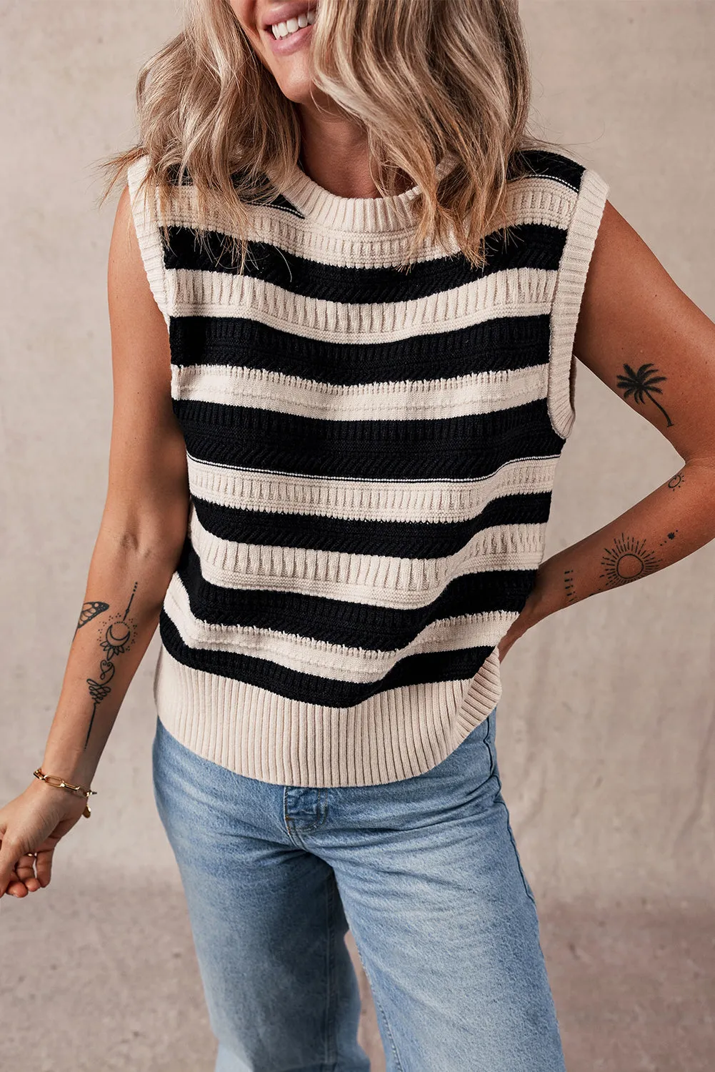 Black Stripe Ribbed Trim Knitted Tank Top