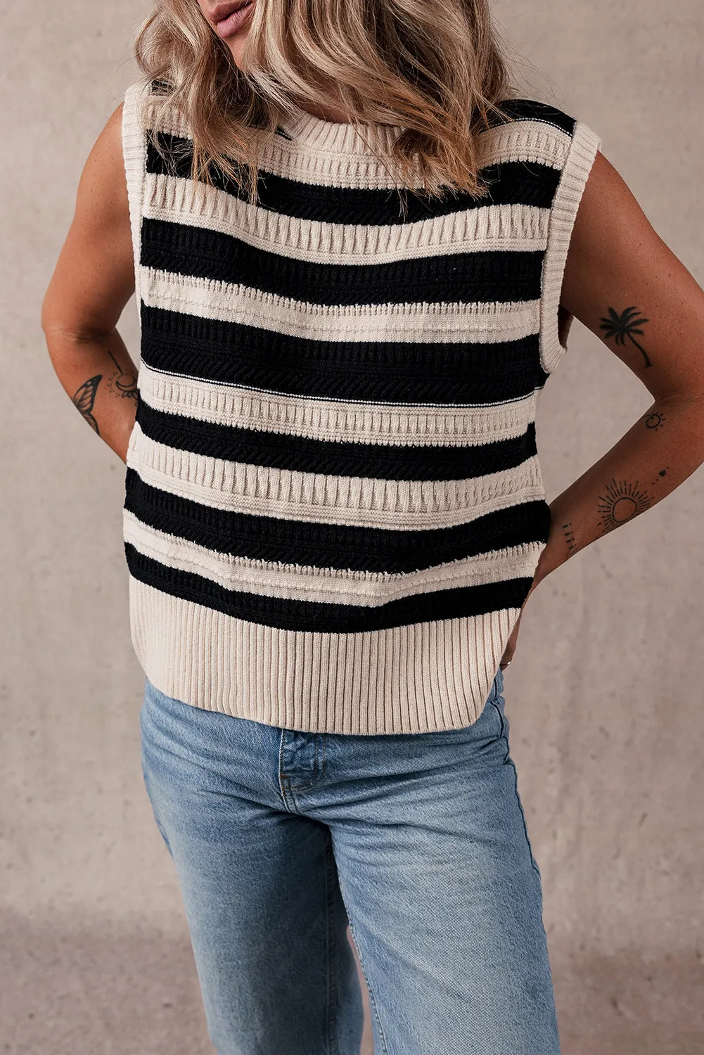 Black Stripe Ribbed Trim Knitted Tank Top