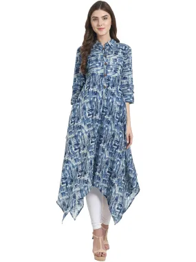 Blue 3/4Th Sleeve Cotton A-Line Kurta