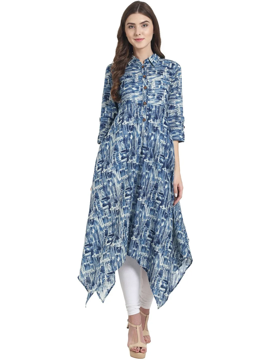 Blue 3/4Th Sleeve Cotton A-Line Kurta