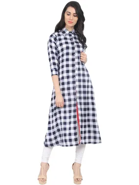 Blue Check Half Sleeve Crepe A-Line Kurta