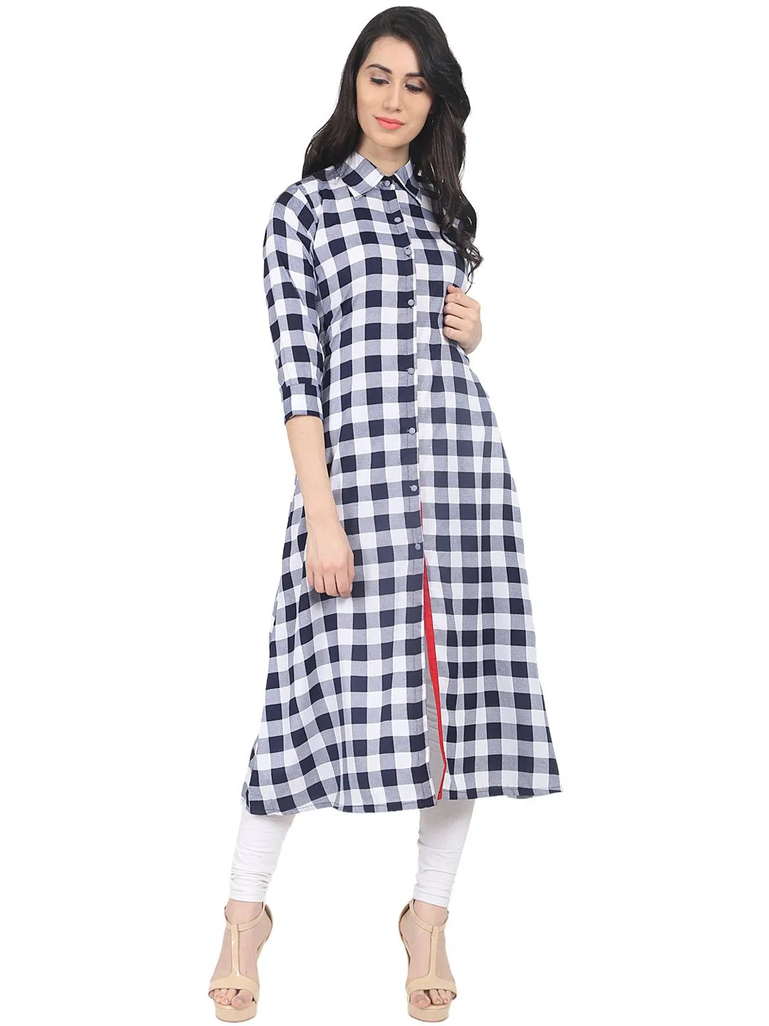 Blue Check Half Sleeve Crepe A-Line Kurta