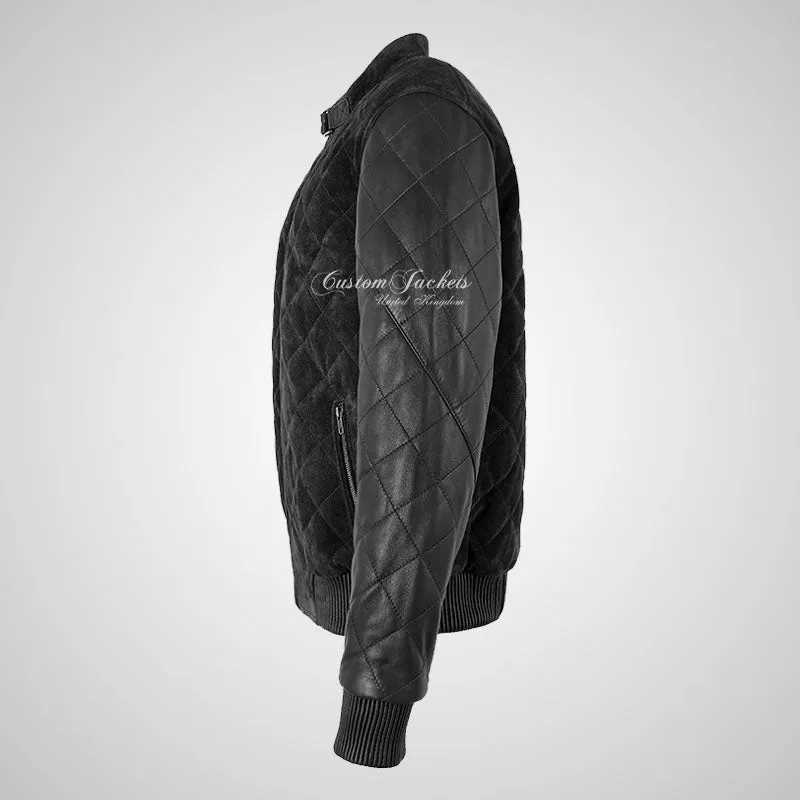 BRYSON Mens Leather and Suede Bomber Jacket Varsity Quilted Jacket