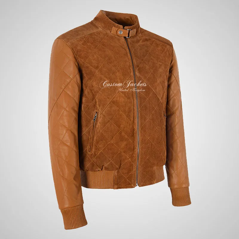 BRYSON Mens Leather and Suede Bomber Jacket Varsity Quilted Jacket