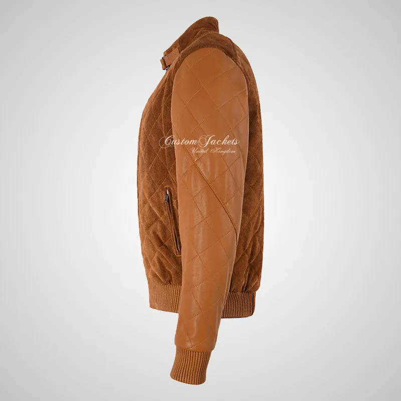 BRYSON Mens Leather and Suede Bomber Jacket Varsity Quilted Jacket