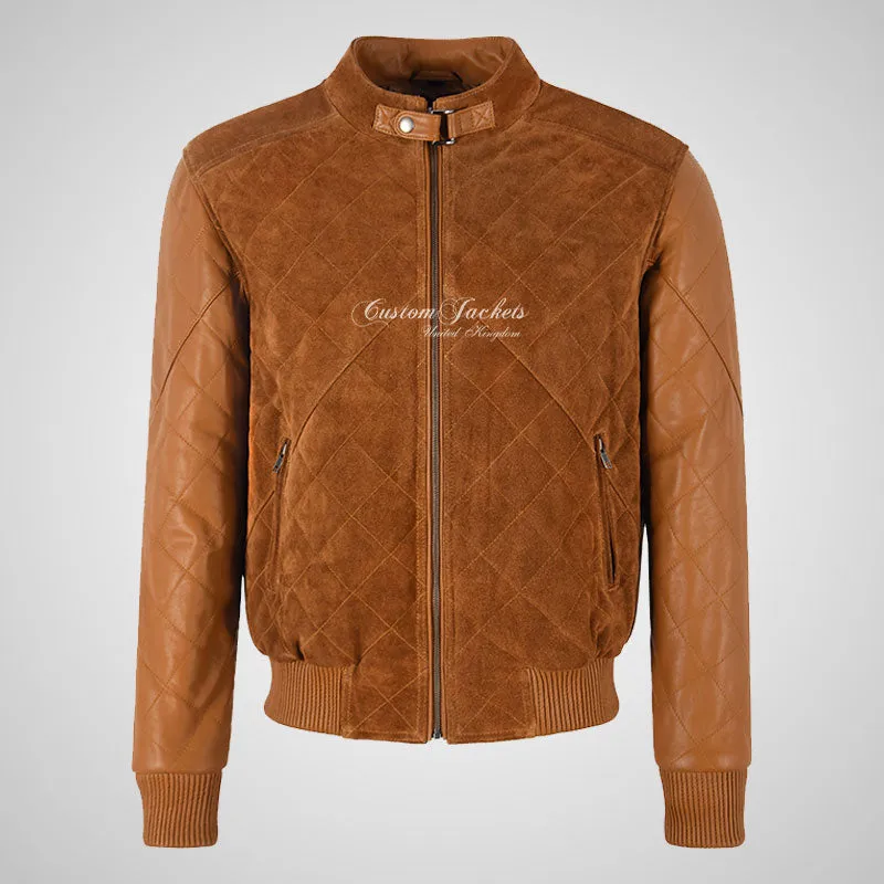 BRYSON Mens Leather and Suede Bomber Jacket Varsity Quilted Jacket