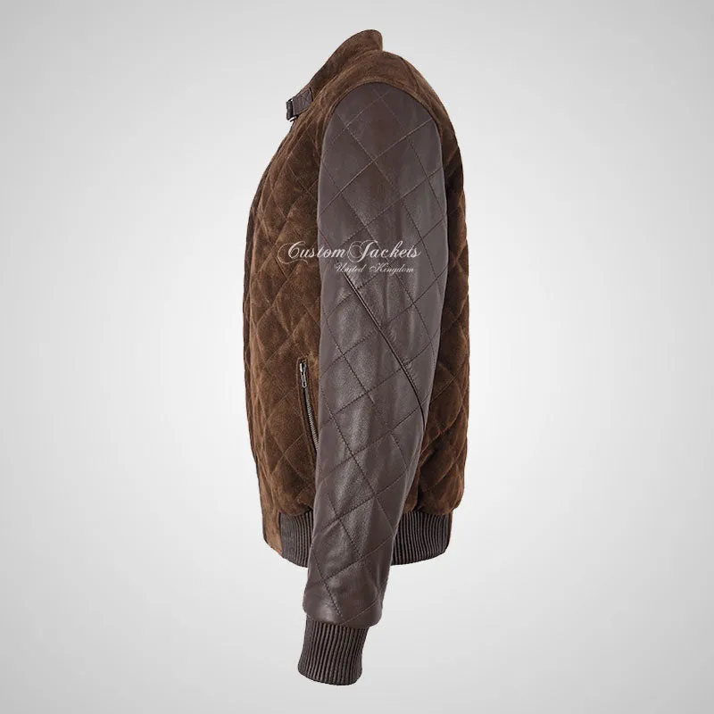 BRYSON Mens Leather and Suede Bomber Jacket Varsity Quilted Jacket