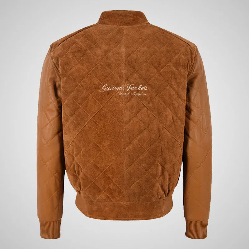 BRYSON Mens Leather and Suede Bomber Jacket Varsity Quilted Jacket