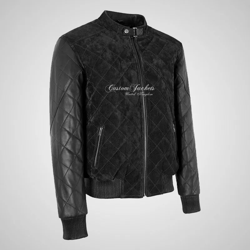 BRYSON Mens Leather and Suede Bomber Jacket Varsity Quilted Jacket