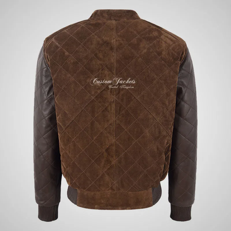 BRYSON Mens Leather and Suede Bomber Jacket Varsity Quilted Jacket