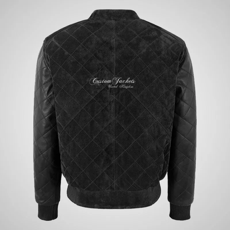 BRYSON Mens Leather and Suede Bomber Jacket Varsity Quilted Jacket