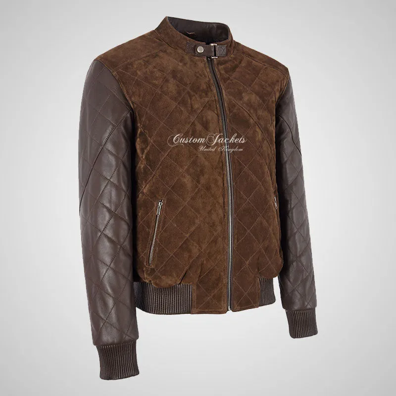 BRYSON Mens Leather and Suede Bomber Jacket Varsity Quilted Jacket
