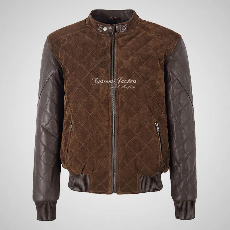 BRYSON Mens Leather and Suede Bomber Jacket Varsity Quilted Jacket