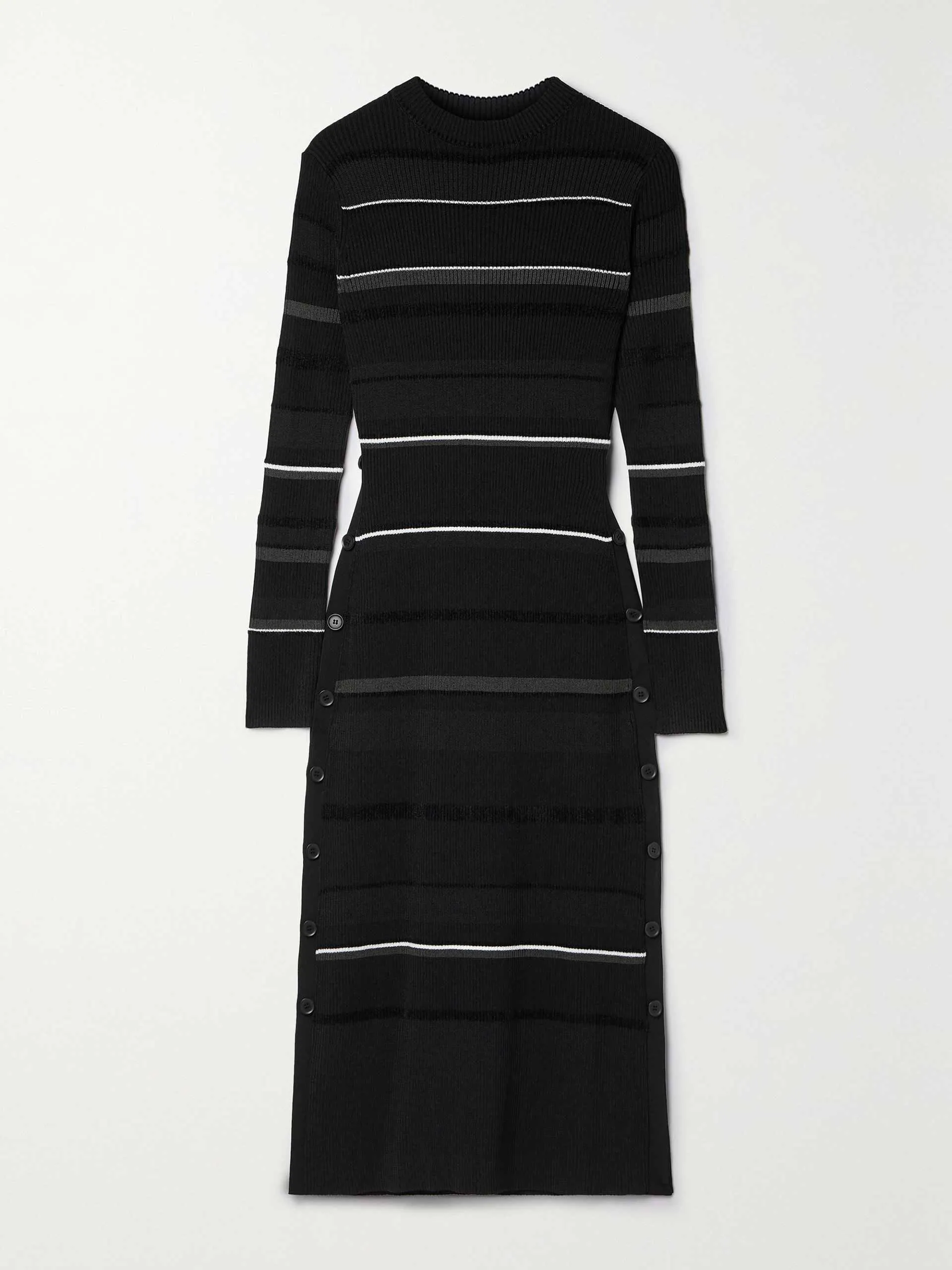 Button-detailed striped ribbed-knit midi dress