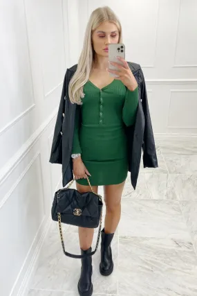 Cheska Bottle Green knitted ribbed dress