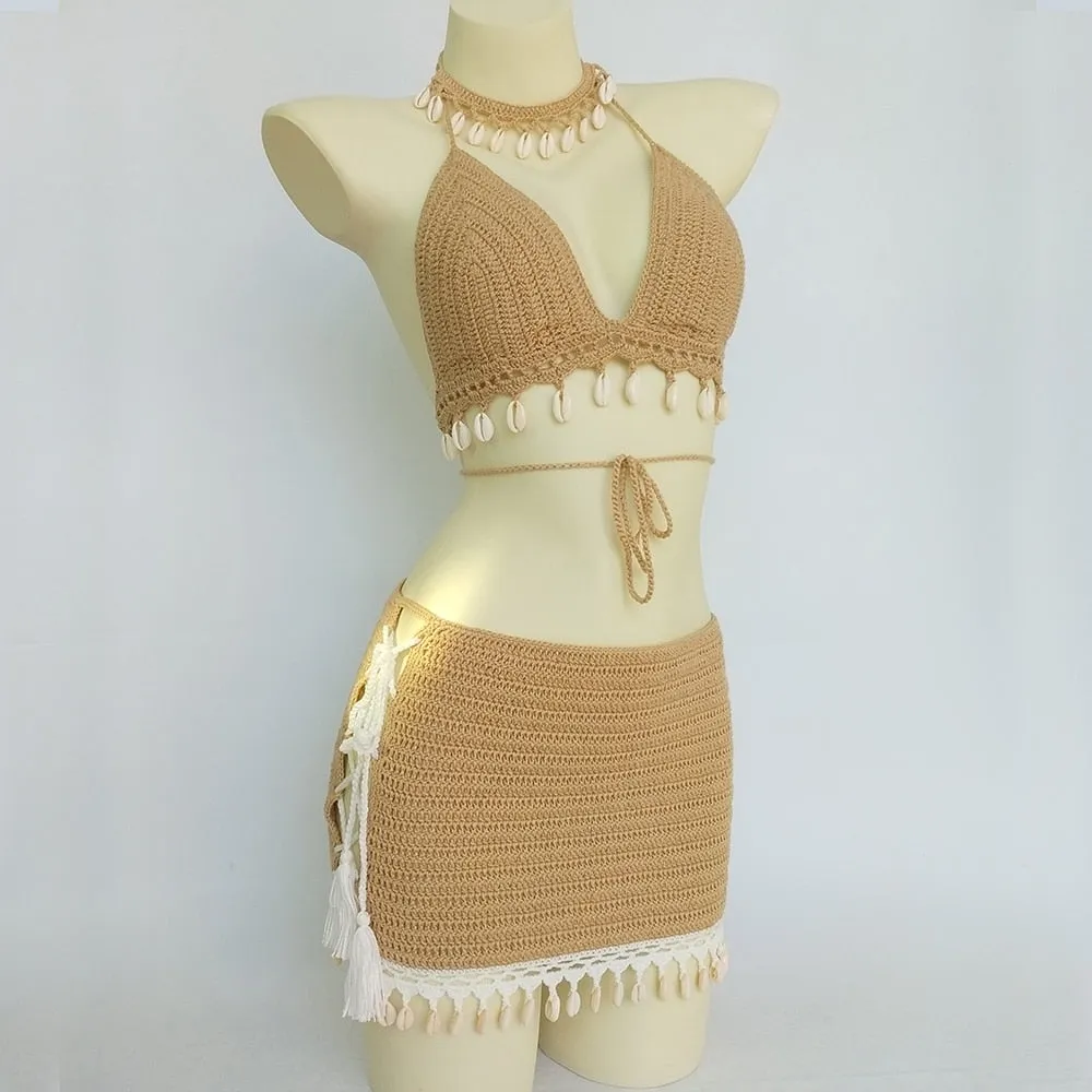 Crochet Bikini Top Lace Up Sides Skirt And Choker Set With Cowrie Shells Choose Black Tan White Or Mixed Available In Small Medium Or Large Triangle Tops With Adjustable Sizing Medium Mini Skirts