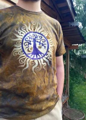 Dark Gold and Purple Tree of Life Batik Tshirt - slight imperfection