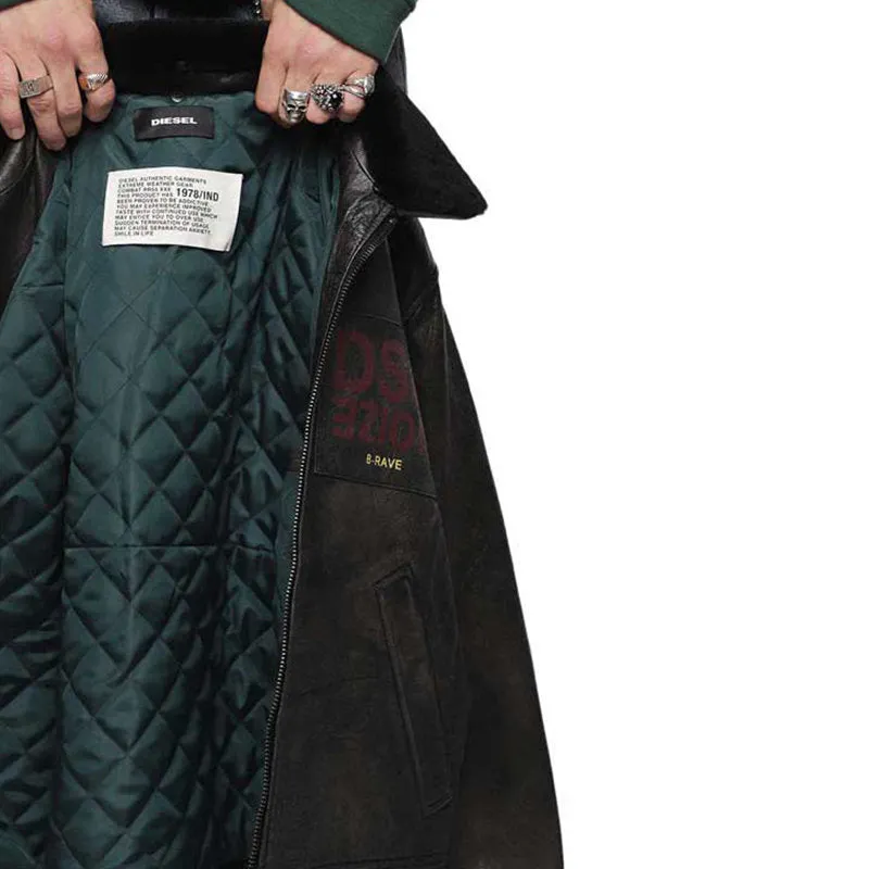 DIESEL L BOWDRE Mens Bomber Jacket Leather Padded Quilted Winter Regular Coat