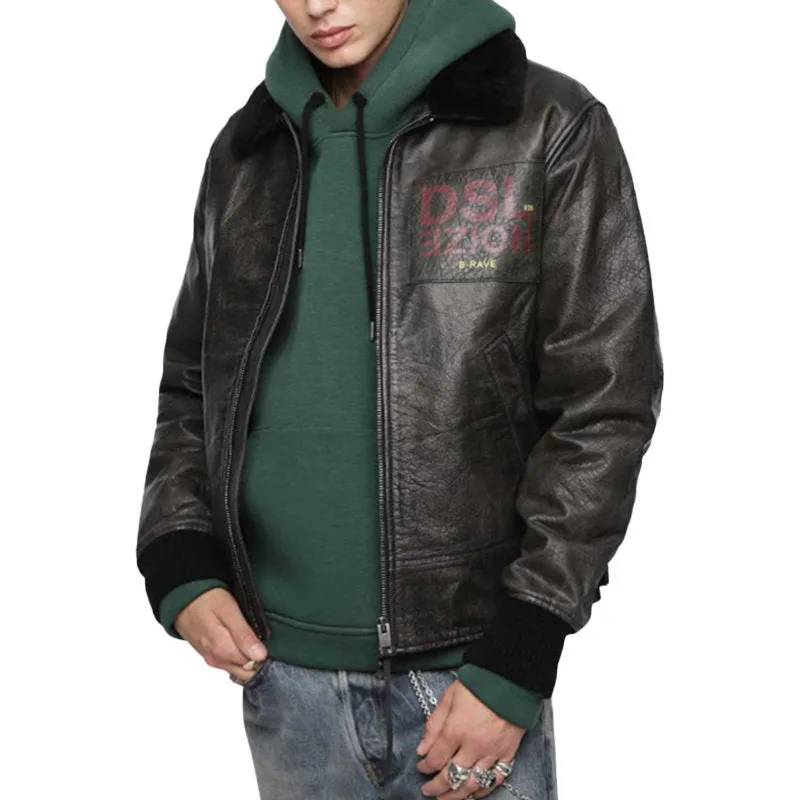 DIESEL L BOWDRE Mens Bomber Jacket Leather Padded Quilted Winter Regular Coat