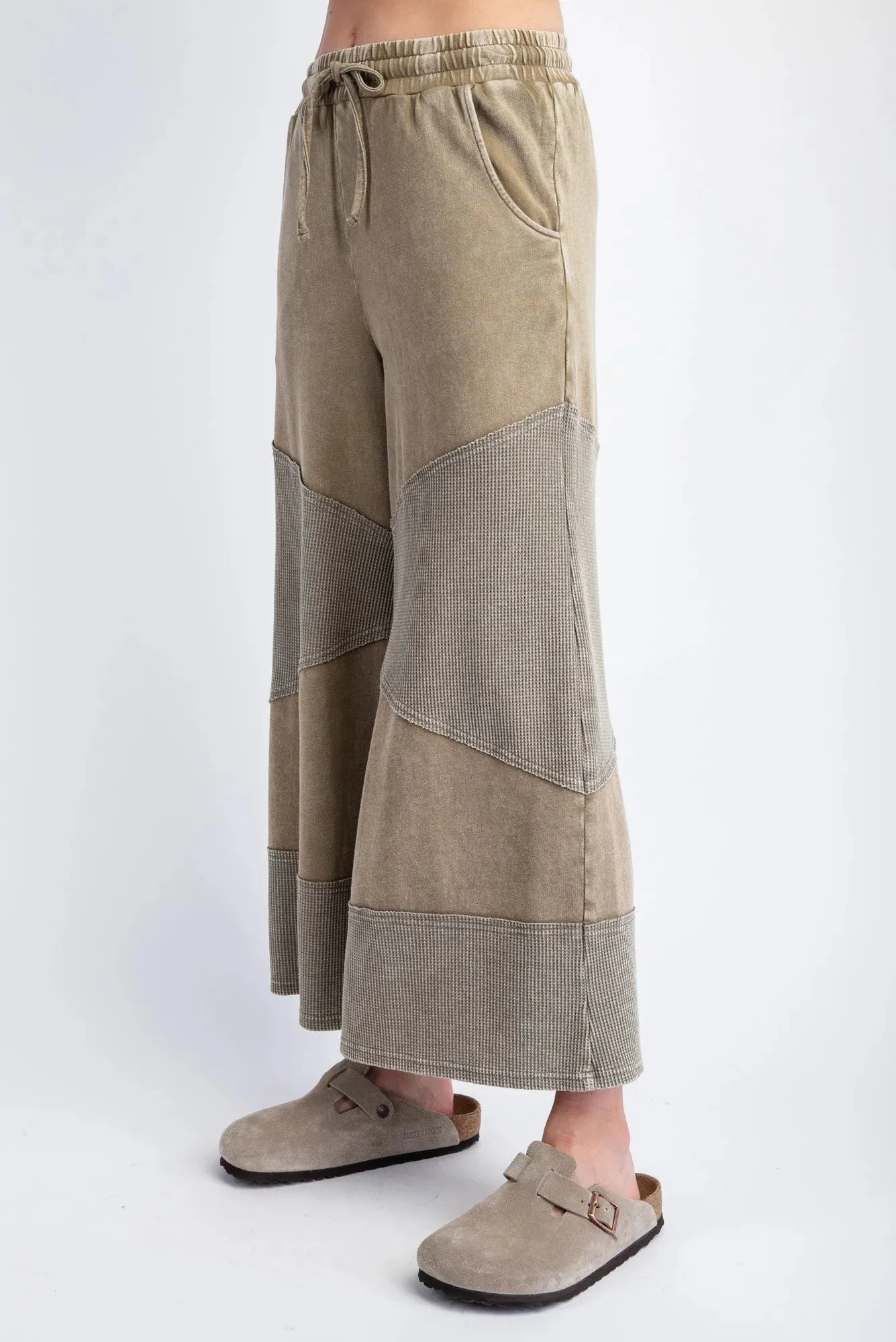 Easel EB56077 FADED OLIVE Thermal Mix Mineral Washed Terry Knit Wide Leg Pants