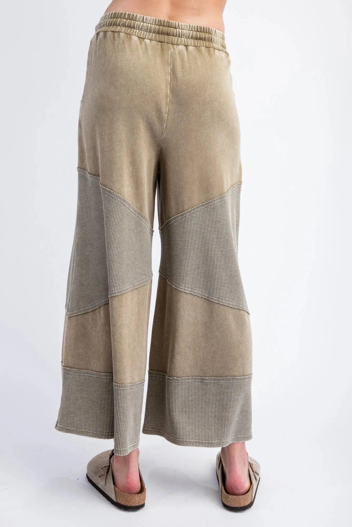 Easel EB56077 FADED OLIVE Thermal Mix Mineral Washed Terry Knit Wide Leg Pants