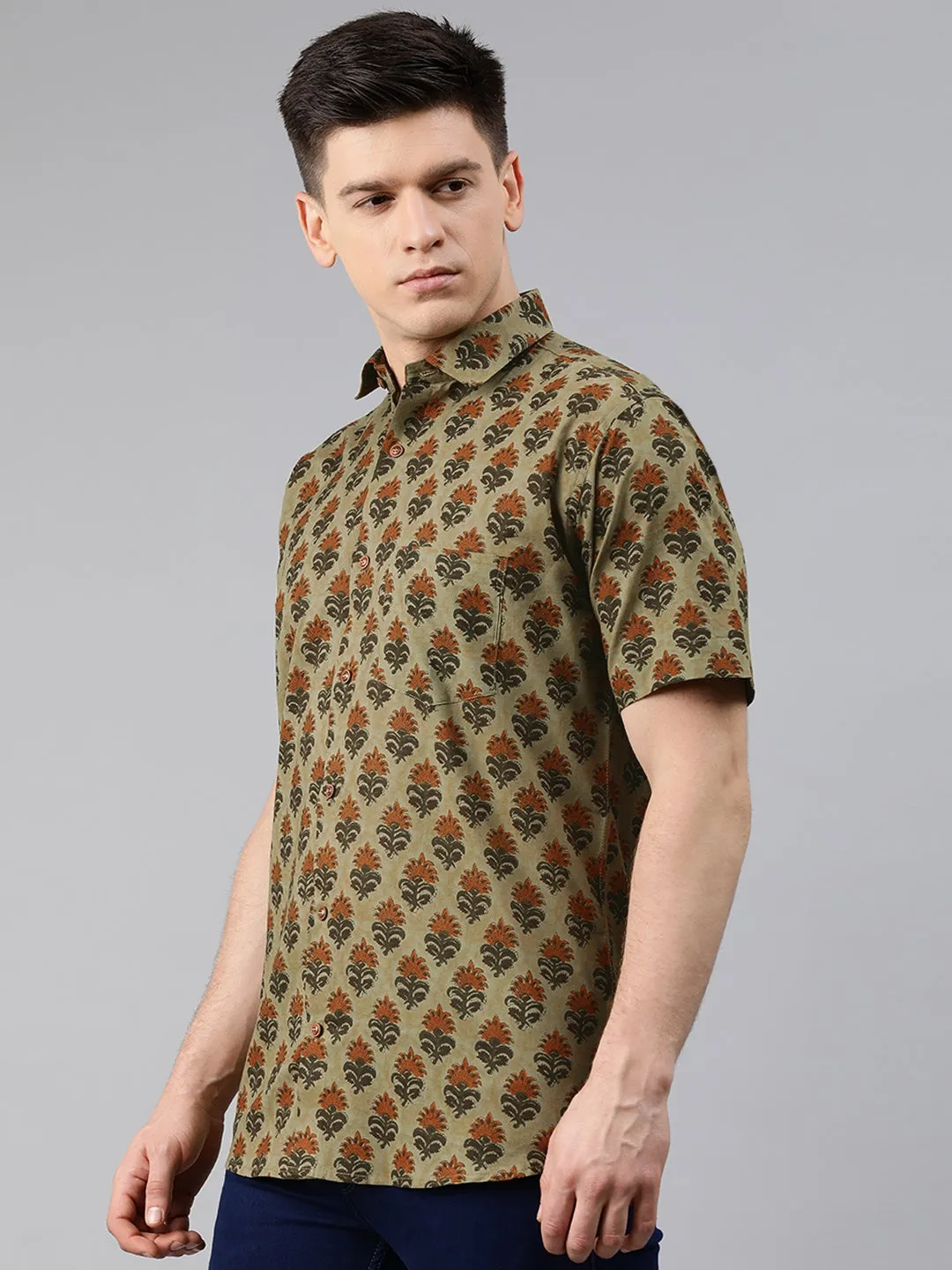 Green Cotton Short Sleeves Shirts For Men-Mmh020