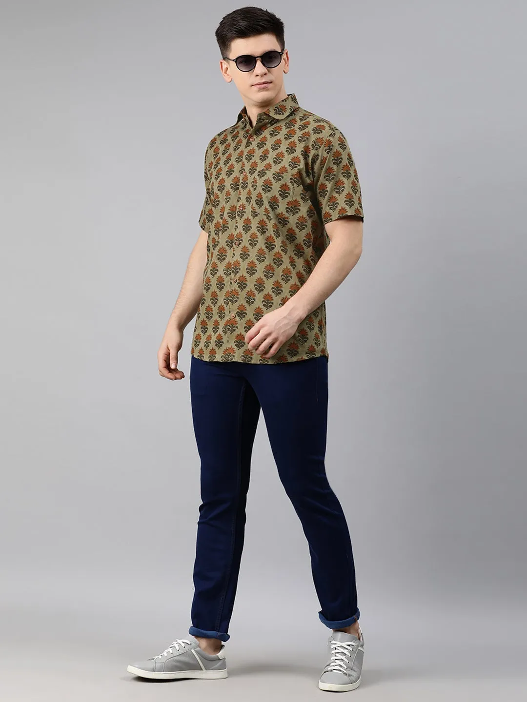 Green Cotton Short Sleeves Shirts For Men-Mmh020