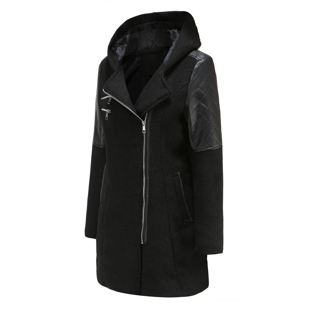Hooded Woolen and Leather Patchwork Coat