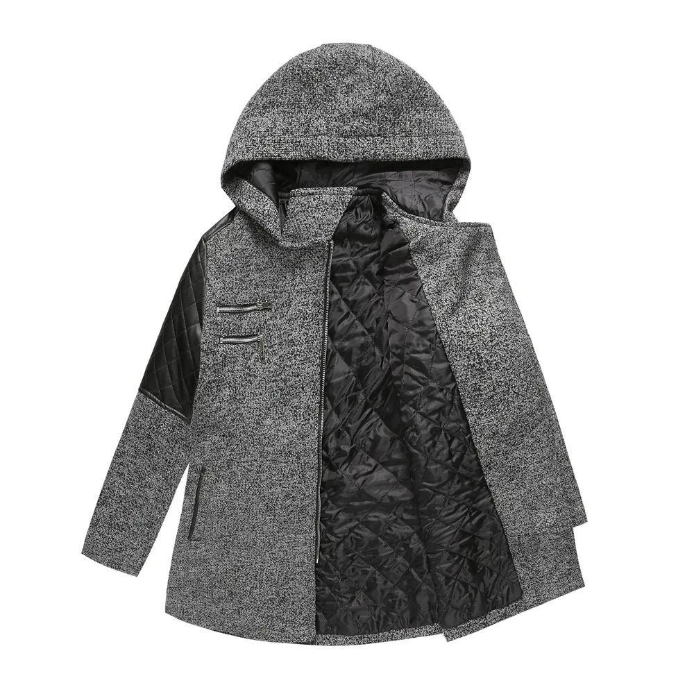 Hooded Woolen and Leather Patchwork Coat