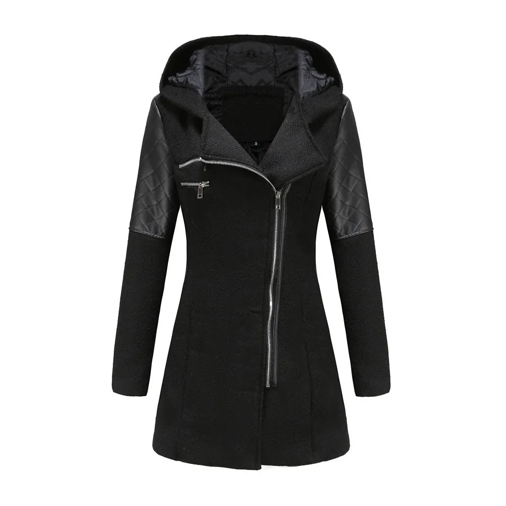 Hooded Woolen and Leather Patchwork Coat