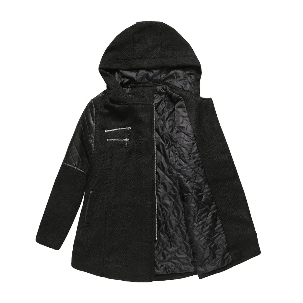 Hooded Woolen and Leather Patchwork Coat