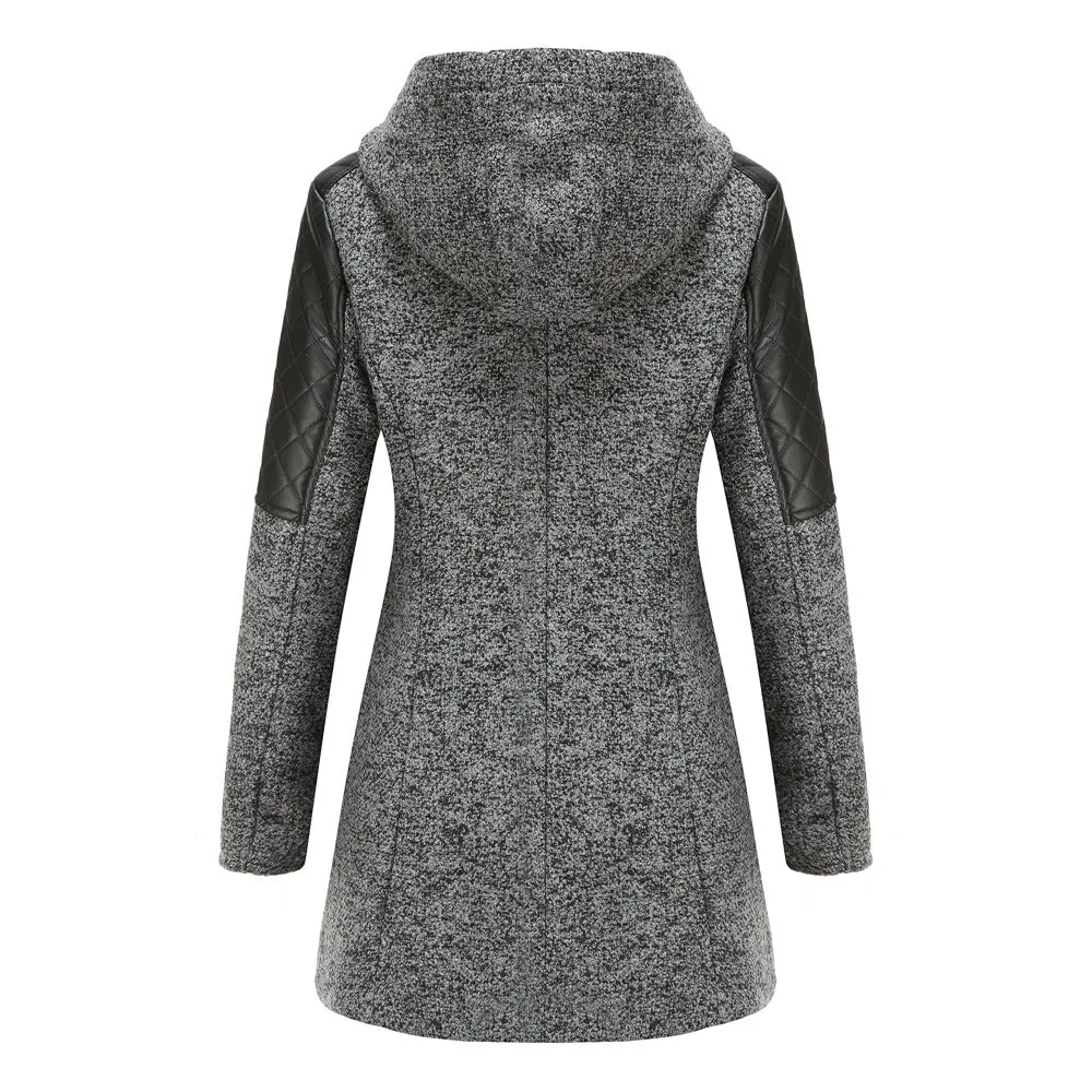 Hooded Woolen and Leather Patchwork Coat