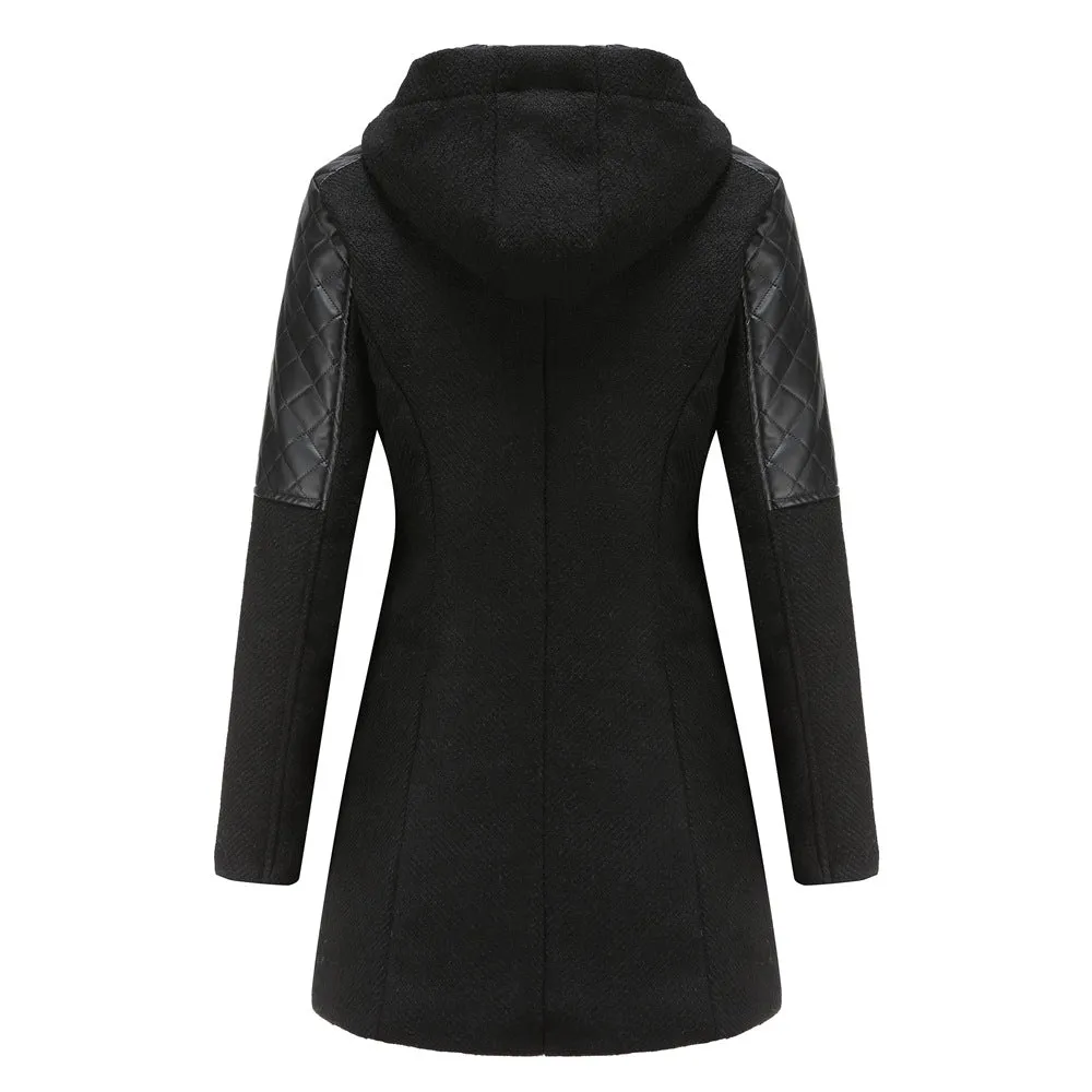 Hooded Woolen and Leather Patchwork Coat