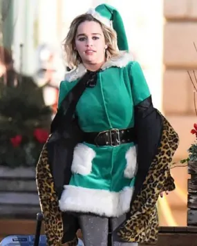 Last Christmas Emilia Clarke Green Elf Coat with Leopard Trim