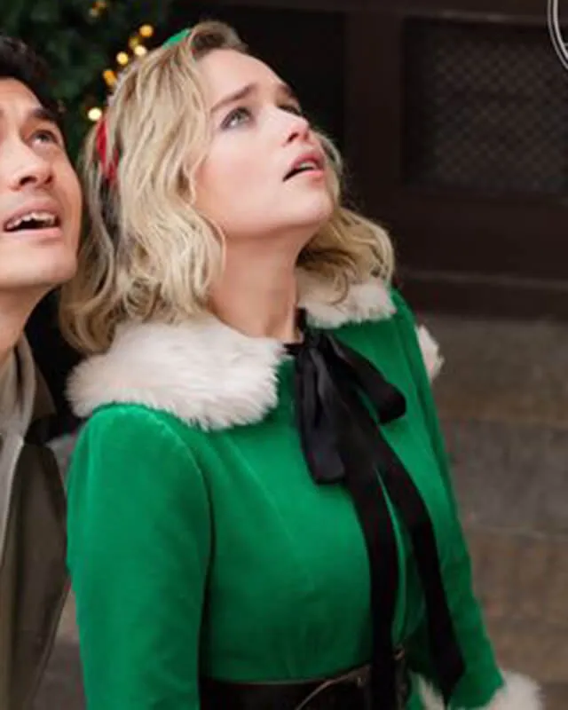 Last Christmas Emilia Clarke Green Elf Coat with Leopard Trim