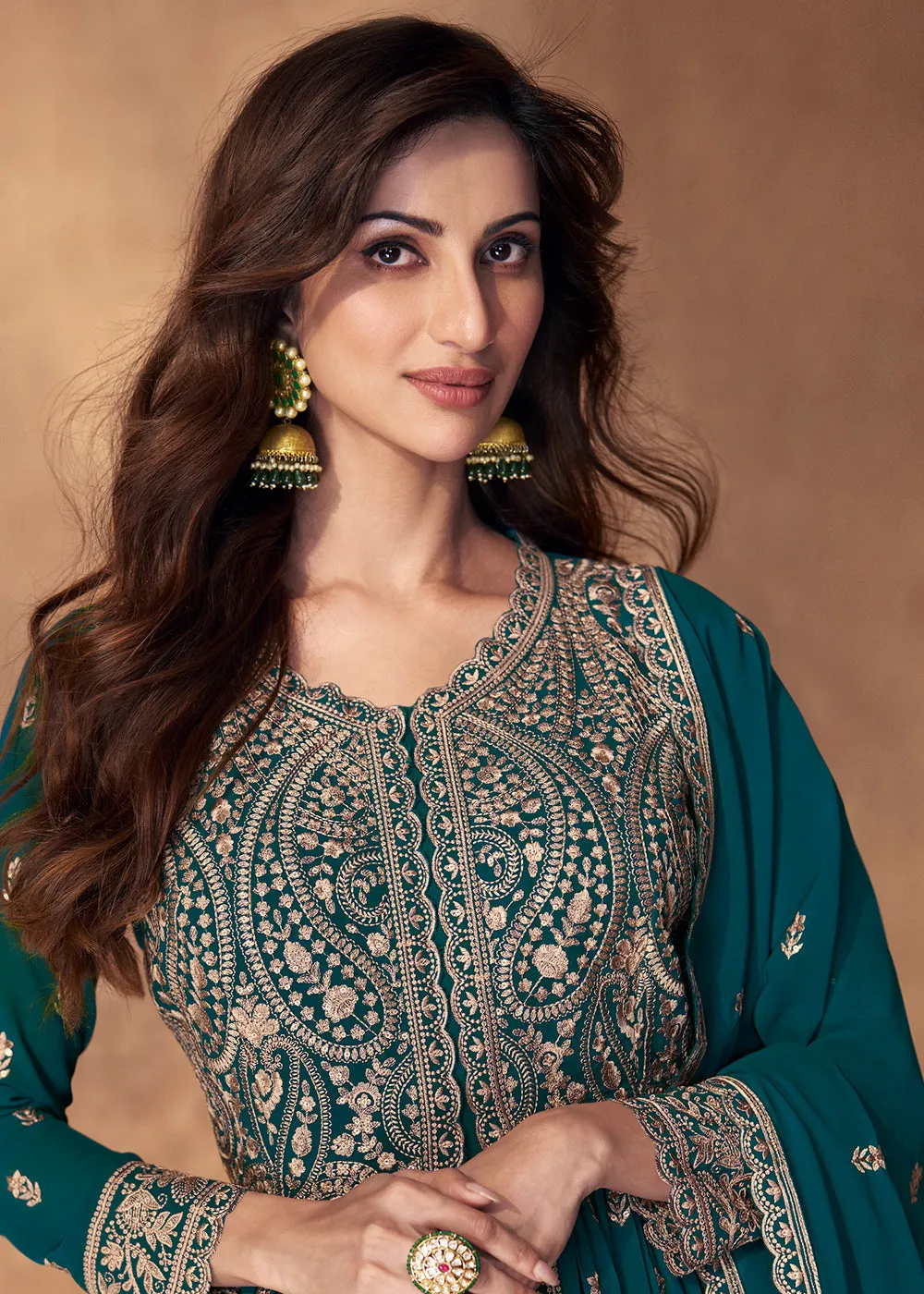 Lehenga Style Turquoise Wedding Wear Anarkali Suit