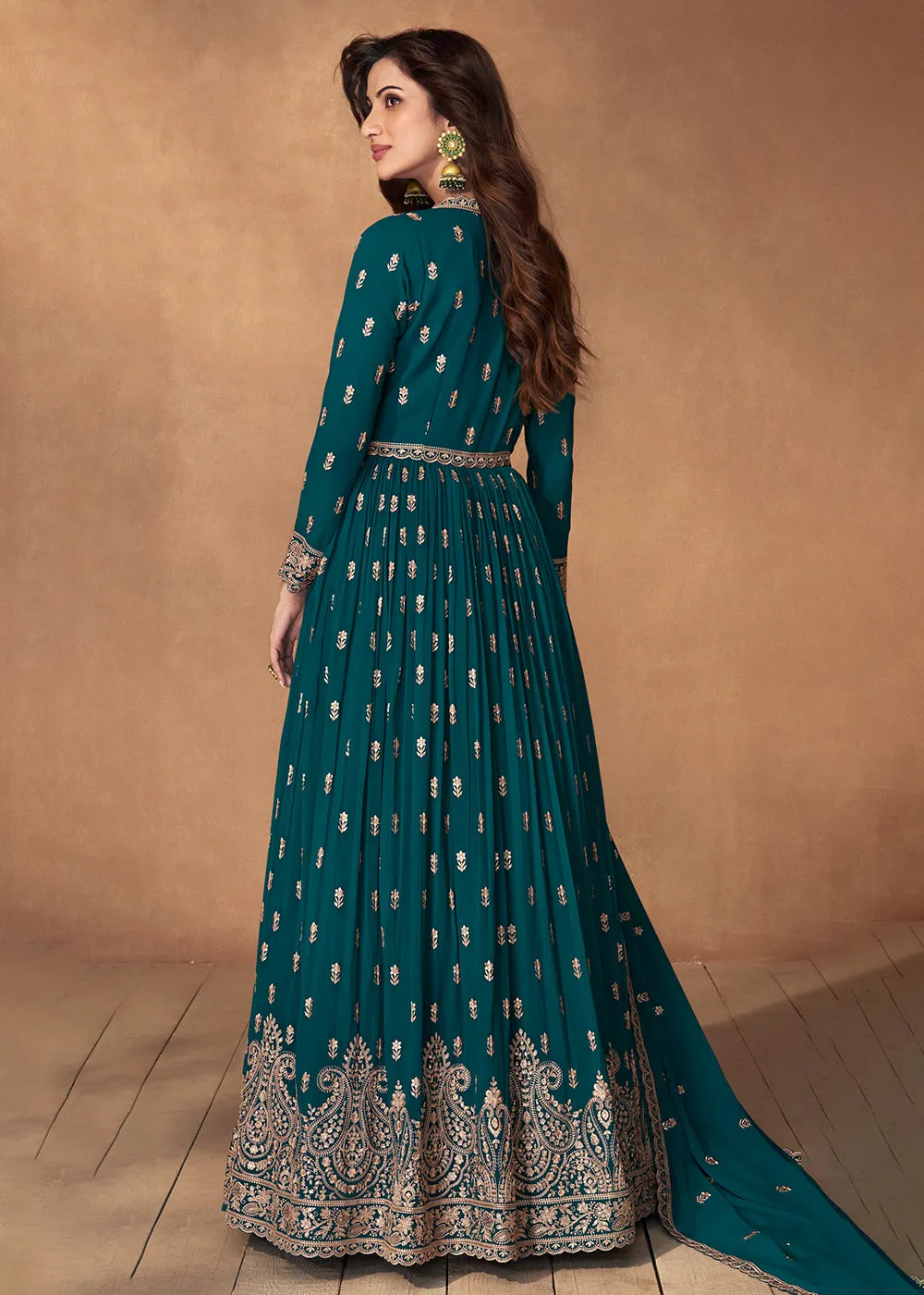 Lehenga Style Turquoise Wedding Wear Anarkali Suit