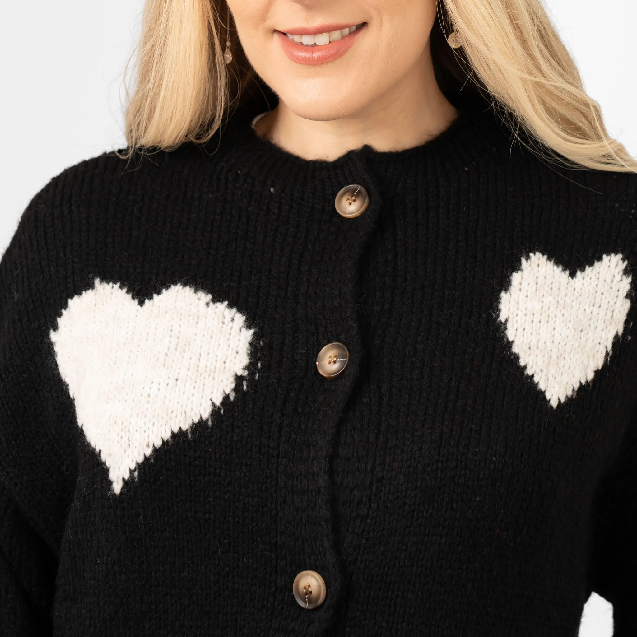 Lexi Wool Blend Cardigan - Black/Cream, Love Hearts