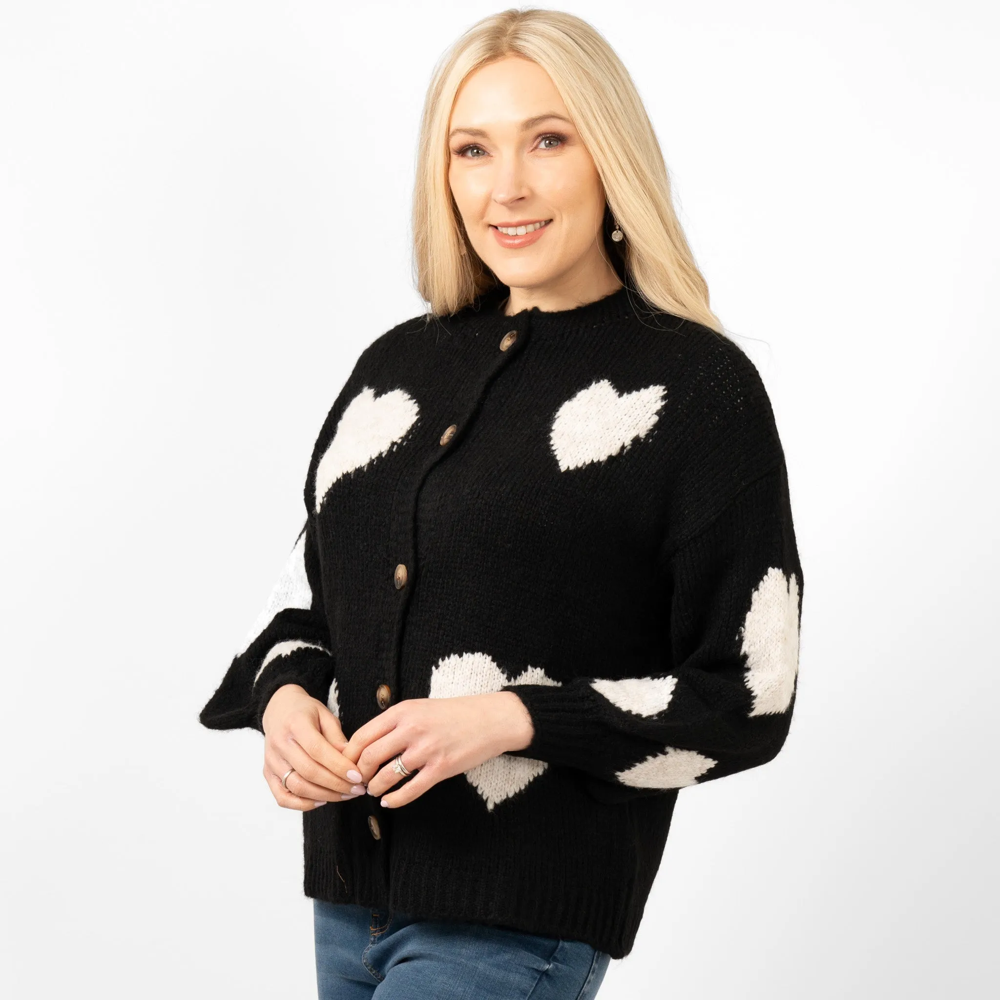 Lexi Wool Blend Cardigan - Black/Cream, Love Hearts