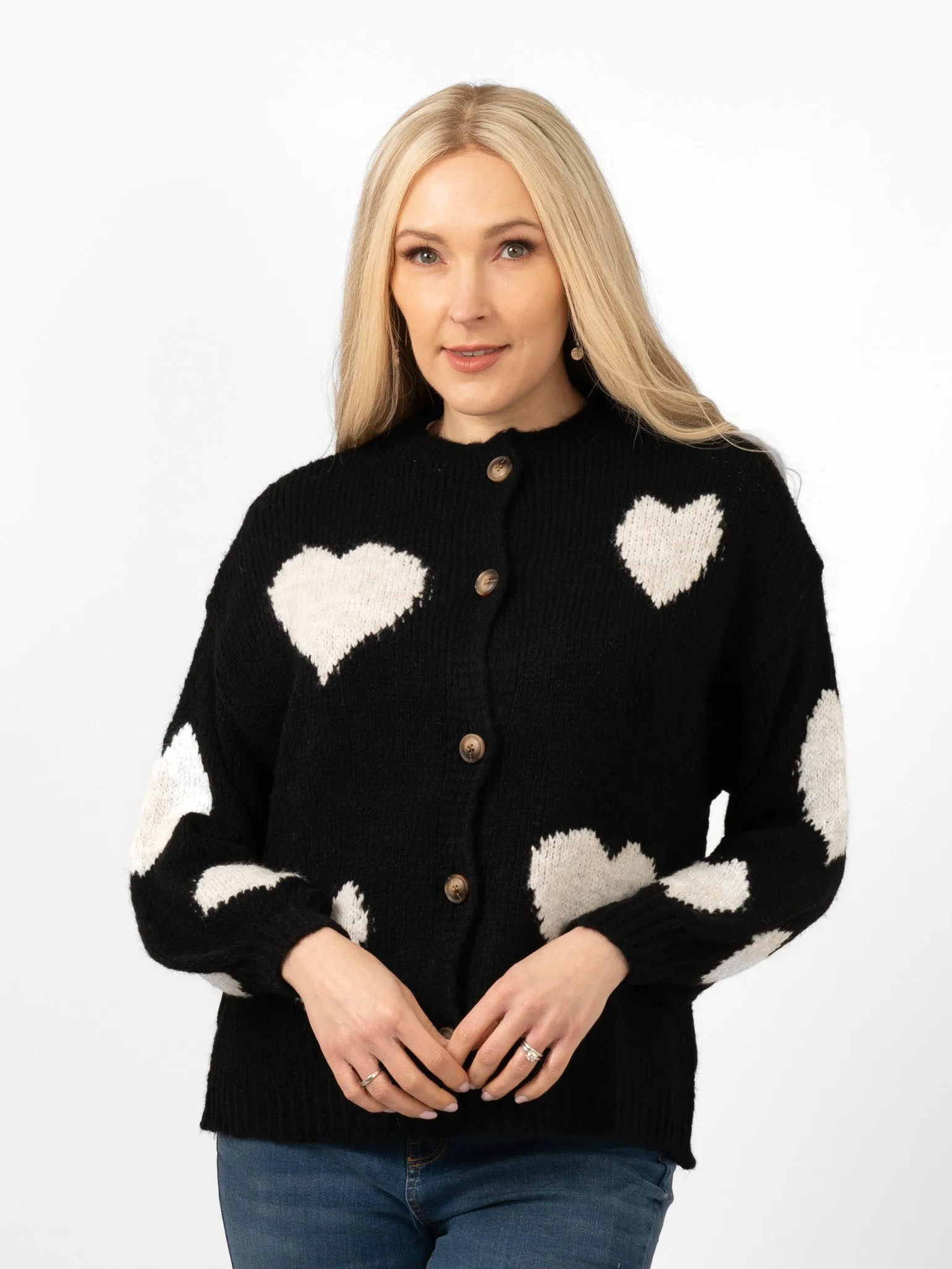 Lexi Wool Blend Cardigan - Black/Cream, Love Hearts