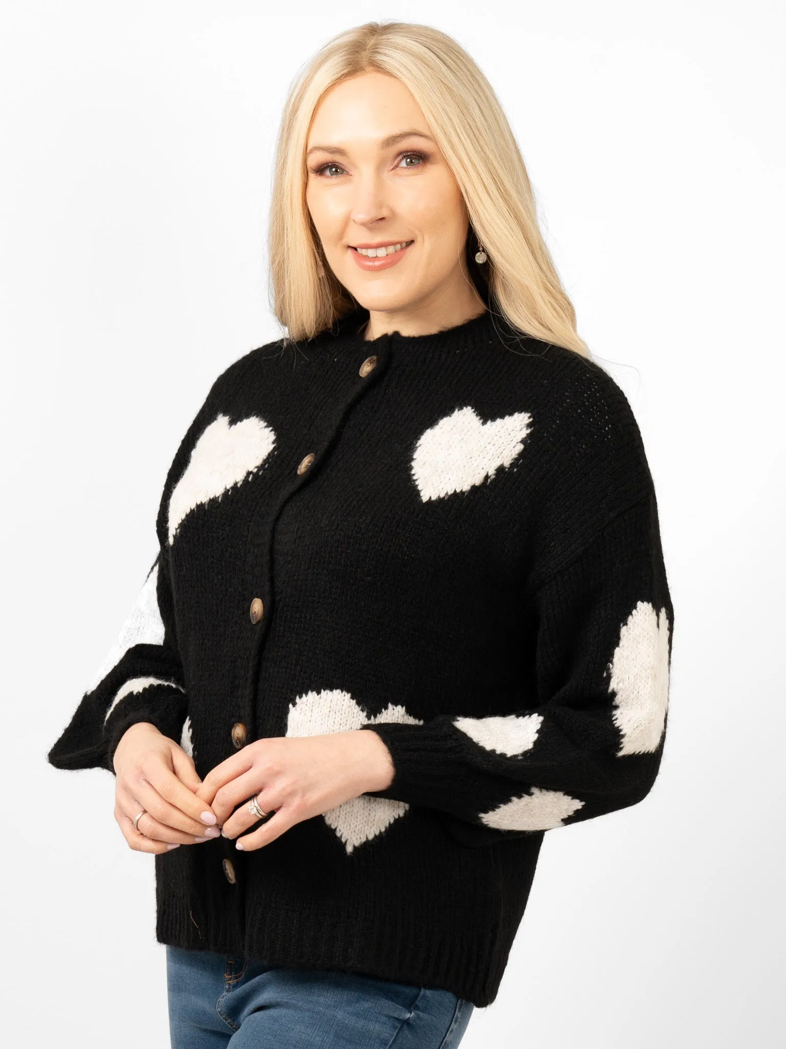 Lexi Wool Blend Cardigan - Black/Cream, Love Hearts