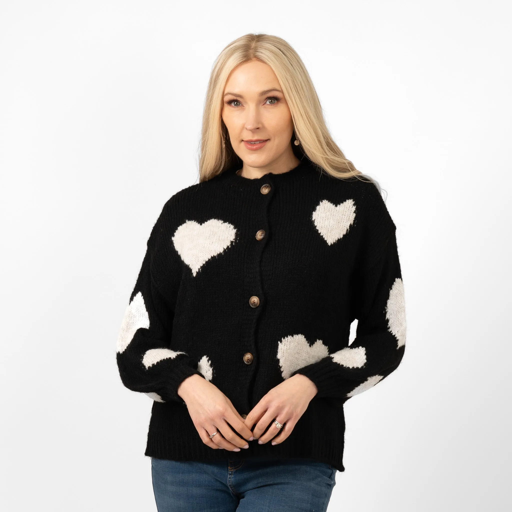 Lexi Wool Blend Cardigan - Black/Cream, Love Hearts