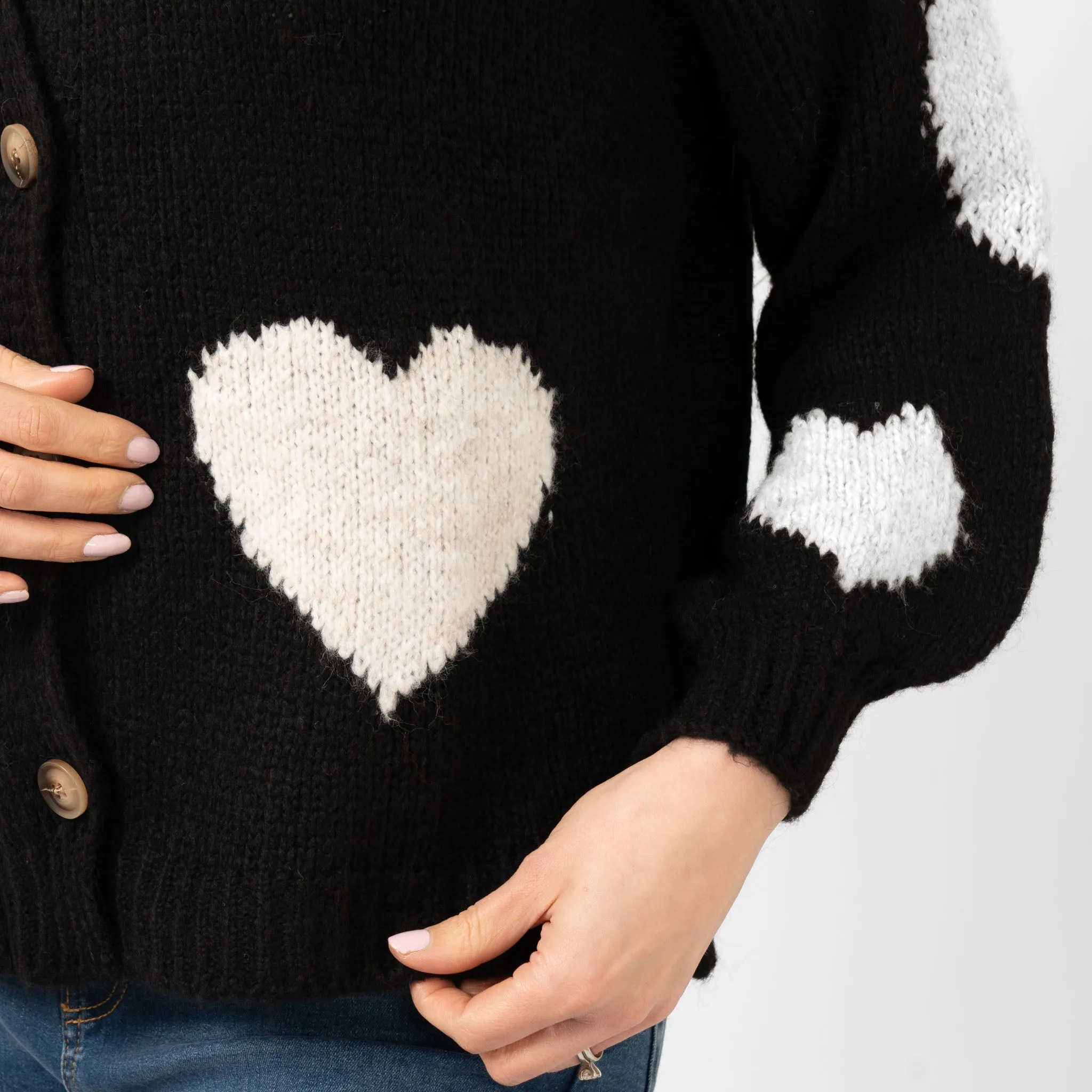 Lexi Wool Blend Cardigan - Black/Cream, Love Hearts
