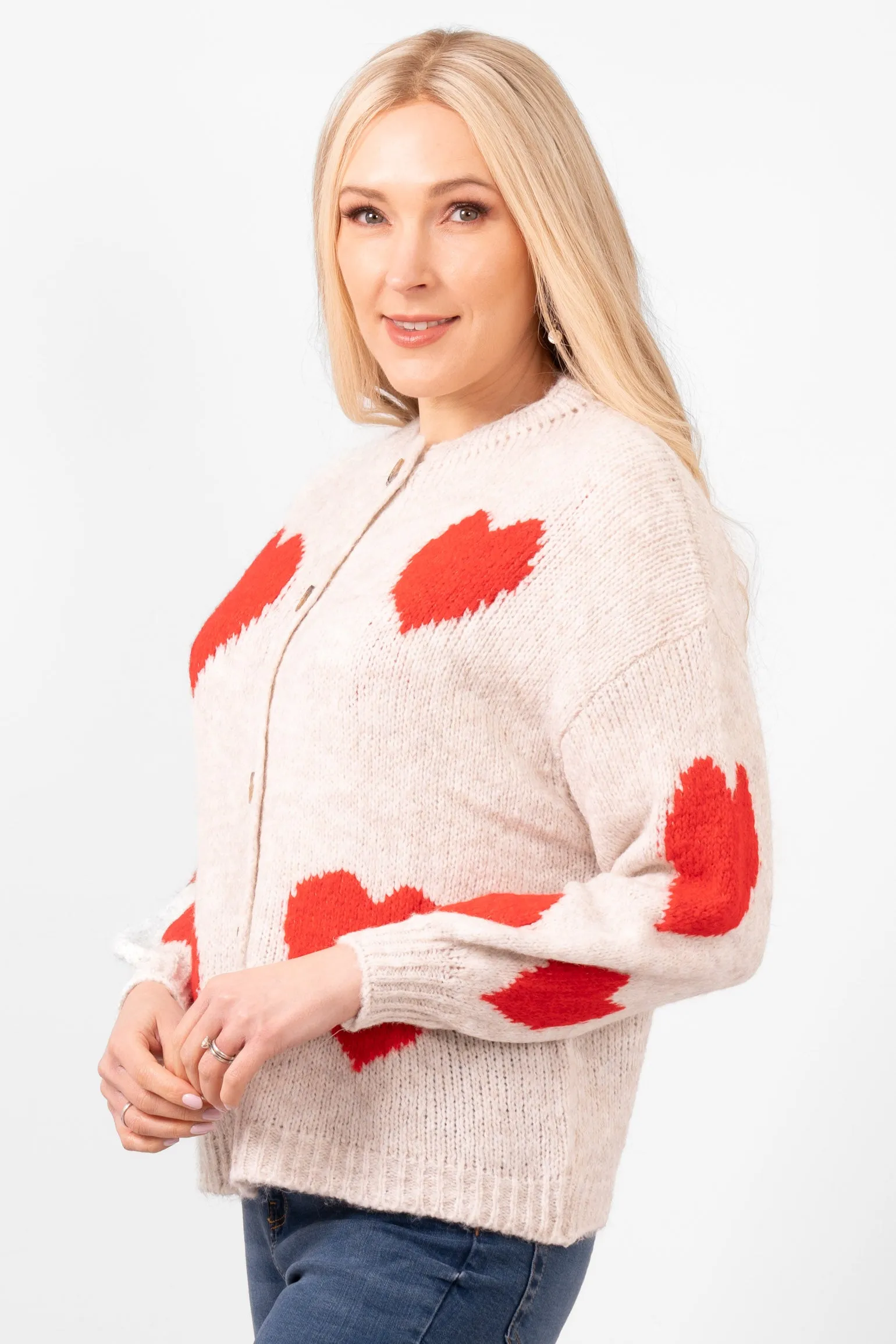 Lexi Wool Blend Cardigan - Cream/Red, Love Hearts