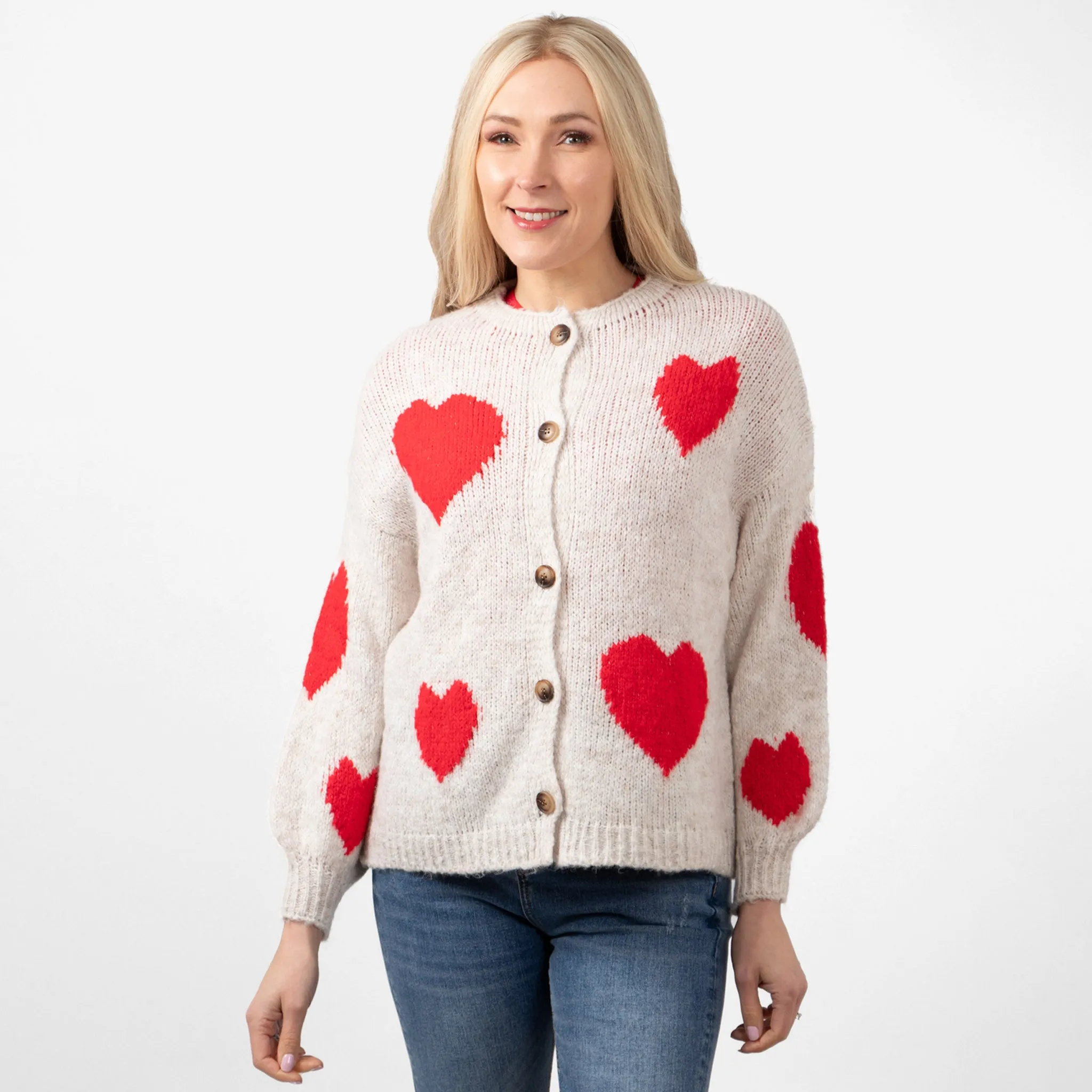 Lexi Wool Blend Cardigan - Cream/Red, Love Hearts
